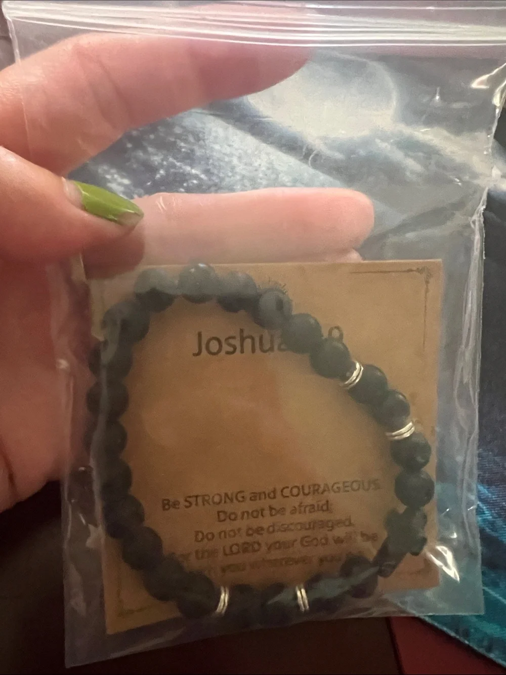 #2644**Matte Black Beaded Cross Stretch Bracelet - Joshua 1:9 Card
